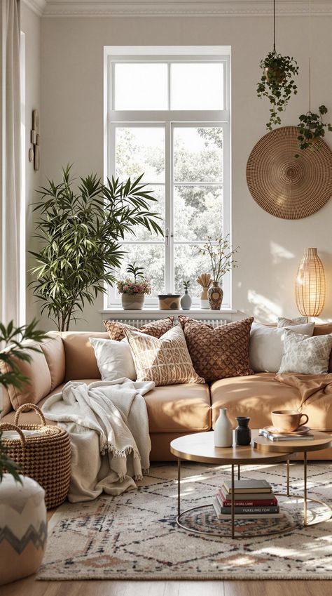 Scandi Boho Decor Neutral Tones Decor, Scandi Boho Interior Design, Scandi French Interior, Scandi Colour Scheme, Scandi Boho Decor, Scandi Home Design, Scandi Style Home, Bohemian Cottage Decor Ideas, Warm Neutrals Living Rooms