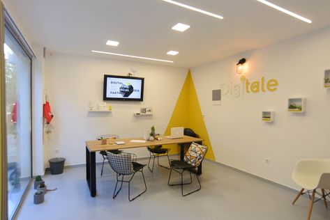 Digitale office in Athens, Greece Digital Marketing Agency | Yellow and white colors| Meeting Room Digital Marketing Office Interior, Marketing Agency Office Interior Design, Graphic Design Office Interior, Creative Agency Office, Marketing Agency Office, Home Office Yellow, Ceo Office Design, Interior Design Yellow, Contemporary Home Offices