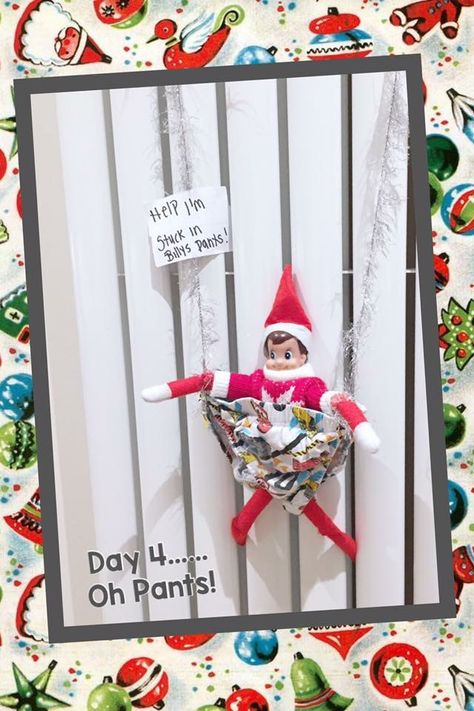 Elf on the shelf stuck in pants #elfontheshelf #christmas Parachute Elf On The Shelf, Elf On The Shelf Parachute, Elf On The Shelf Walking On The Ceiling, Elf On The Shelf Surfing, Elf On The Shelf Peed Myself, Funny Elf On The Shelf, Elf On The Shelf Ideas, Shelf Ideas, On The Shelf