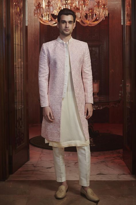 Buy Sawan Gandhi- Men Pink Chanderi Sherwani And Pant Set Online | Aza Fashions Open Sherwani Men, Kurtas Men, Sawan Gandhi, Pink Sherwani, Engagement Dress For Groom, India Fashion Men, Raw Silk Embroidery, Pakistani Wear, Mens Traditional Wear