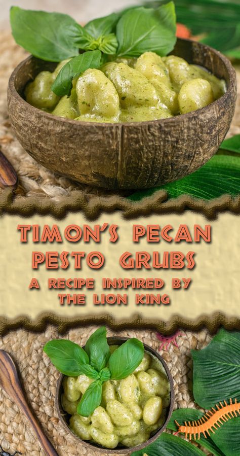 The Lion King | Vegetarian Recipes | Disney Recipes | Disney Food | Pasta Recipes | Gnocchi Recipes | To celebrate the anniversary of Disney's The Lion King, The Geeks created recipe for Timon's Pecan Pesto Grubs! [sponsored] 2geekswhoeat.com Food Pasta Recipes, Recipes Gnocchi, Pecan Pesto, Disney Movie Night Food, Disney Inspired Recipes, Disney Movie Night Dinner, Recipes Disney, Movie Night Dinner, Disney Inspired Food