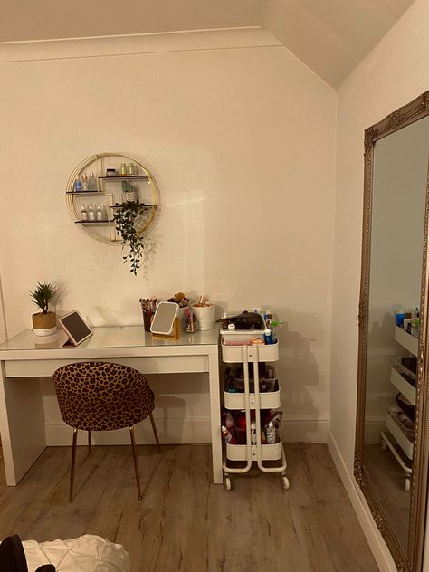 my makeup station Home Makeup Station, Floor Makeup Station, Makeup Station In Bedroom, Bedroom Makeup Station, Dressing Table Aesthetic, Future Bedroom Ideas, Table Aesthetic, Apartment Needs, Long Mirror