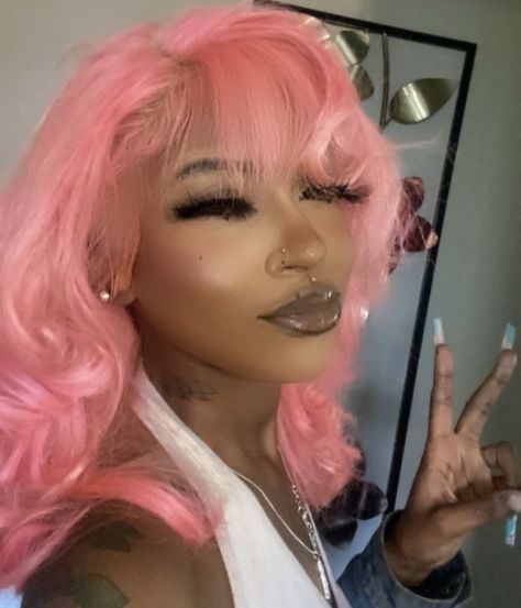 #pinkhair #hairstyles #melanin #bob #aesthetic Pink Bob Black Women, Short Pink Bob, Baby Pink Hair Black Women, Pink Bob, Pastel Pink Hair Black Women, Pink Bob Wigs For Black Women, Pink Wigs For Black Women Dark Skin, Pastel Bob, Pink Bob Wig On Dark Skin