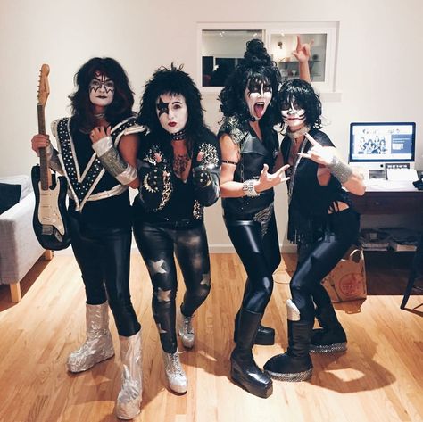 Kiss Band Halloween Costume! Nailed it. Kiss Halloween Costume Women, Kiss Inspired Outfits, Kiss Fancy Dress, Kiss Costume Women, Kiss Halloween Costumes, Kiss Costume, Kiss Outfits, Halloween Group, Race Day Outfits