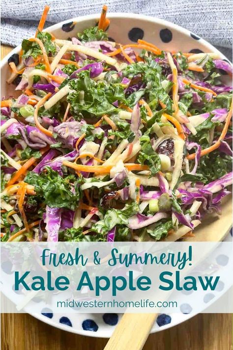 Kale Apple Slaw (No Mayo) Slaw No Mayo, Summer Kale Salad, Coleslaw Dressing Recipe, Weekday Lunches, Kale Slaw, Colorful Veggies, Summertime Salads, Healthy Potatoes, Apple Slaw