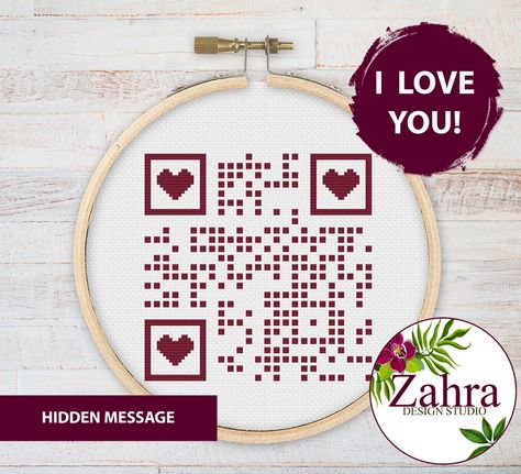 I Love You Hidden Message QR Code Cross Stitch Pattern. | Etsy Canada Hidden Messages, Funny Cross Stitch Patterns, Types Of Stitches, Mini Cross Stitch, Cross Stitch Funny, Modern Pattern, Qr Code, Le Point, Counted Cross Stitch