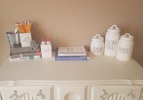 Rae Dunn desk Rae Dunn Classroom, Desk Apartment, Craft Room Desk, Rae Dunn Office, Rae Dunn Collection, Farmhouse Inspiration, Vinyl Storage, Room Desk, Office Crafts