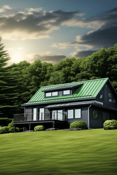 Best Colors for Metal Roofing: Emerald Green and Charcoal Gray Exterior Green Metal Roof, Charcoal House, Eco Roof, Green Roof House, Metal Roofing Systems, Metal Roof Houses, Metal Roof Colors, Boost Curb Appeal, Gray Exterior