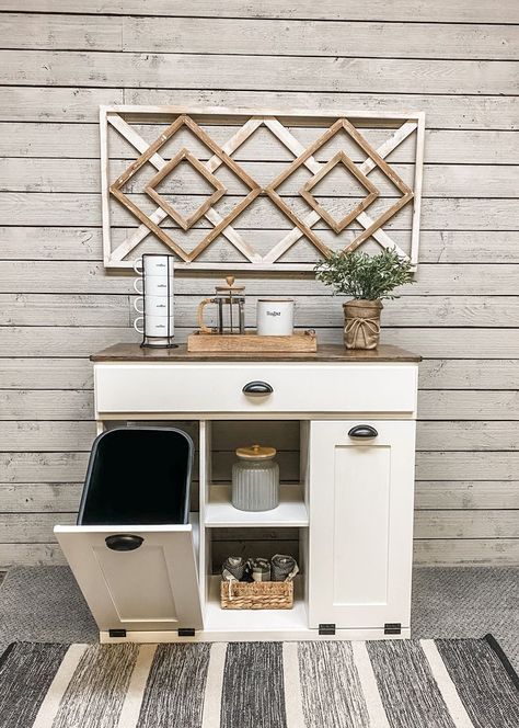 tilt out trash cabinet in white with a stained top Trash Can Coffee Bar, Trash Furniture, Trash Storage, Farmhouse Style Furniture, Laundry Hampers, Kitchen Trash, Home Coffee Bar, Kitchen Trash Cans, Coffee Table Farmhouse