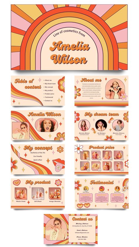 #beauty #orange #retro #hippie #cosmetic #animated #presentation #colorful #pink #woman Scrapbook Ideas Powerpoint, Canva Retro Template, Retro Ppt Template, Retro Presentation Design, Retro Presentation, Canva Presentation Ideas, Retro Powerpoint, Orange Presentation, Retro Layout