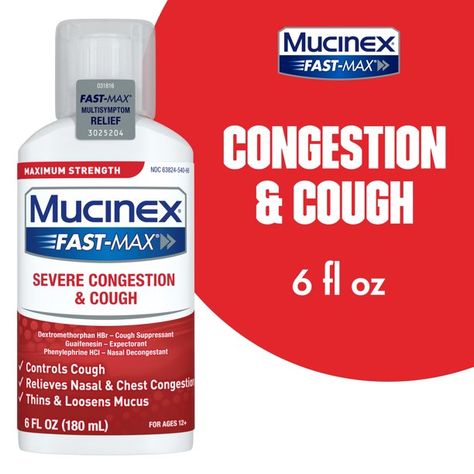 Mucinex Fast-Max Maximum Strength Severe Congestion & Cough, Multi-Symptom Relief, Cough Suppressant, Expectorant, Nasal Decongestant, 6 FL OZ - Walmart.com Nasal Decongestant, Cough Medicine, Cold And Cough Remedies, Cough Suppressant, Medicine Chest, Chest Congestion, Tongue Health, Cold Symptoms, Cold Cough