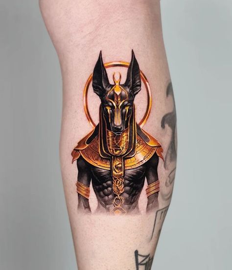 Anubis Tattoo Meaning Egypt Gods Tattoo, Anubis Drawing, Dark Themed Tattoos, Gold Tattoo Ink, Gods Tattoo, Golden Tattoo, Barcode Tattoo, Ancient Egyptian Deities, Anubis Tattoo