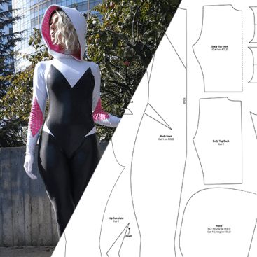 Spidergwen Cosplay Tutorial – RandomTuesday Spidergwen Cosplay, Gamora Costume, Spider Gwen Costume, Crop Jacket Pattern, Gwen Cosplay, Spider Gwen Cosplay, Dot Print Pattern, Into The Spiderverse, Spider Costume