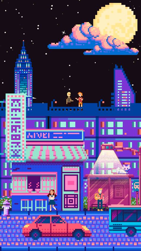 Pixel Art Simple, Pixel City, Powerpuff Girls Wallpaper, Simple Wallpaper, Pixel Art Background, Video Game Posters, 8bit Art, Pixel Drawing, Pixel Art Grid