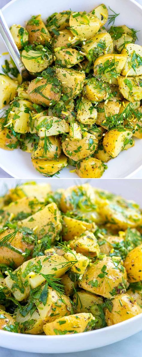 This delicious and easy potato salad recipe is mayonnaise free and has lots of fresh herbs. Thanks to an ultra-flavorful vinaigrette, this herby potato salad is naturally gluten free, egg free, and vegan. Herb Potato Salad, Easy Potato Salad Recipe, Herbed Potato Salad, Salad Potato, Potato Salad Dressing, Potato Salad Recipe Easy, Vegan Potato Salads, Healthy Potatoes, Easy Potato Salad