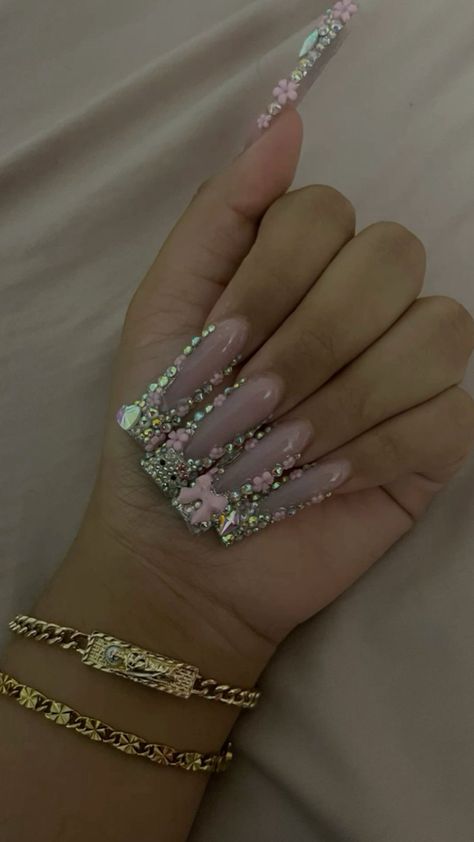 Long Square Acrylic Nails With Gems, Pink Blinged Out Nails, Nail Ideas Bling, Hood Nails, Blinged Out Nails, Colored Acrylic Nails, Nails Design With Rhinestones, Girly Acrylic Nails, Cute Acrylic Nail Designs