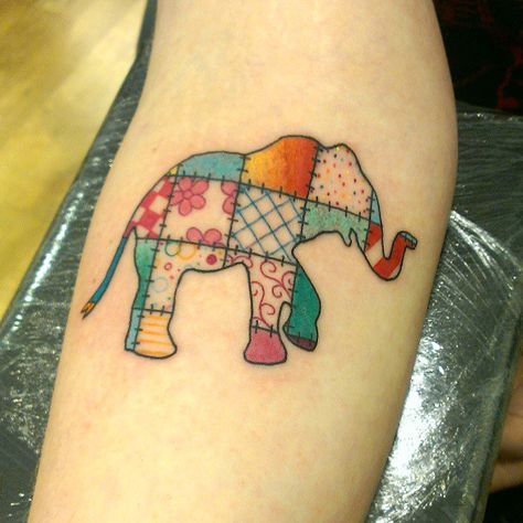 patchwork elephant Patchwork Elephant Tattoo, Patchwork Quilt Tattoo, Sewing Tattoo, Quilt Tattoo, Sewing Tattoos, Elephant Tattoo Design, Quilt Squares, Elephant Tattoo, Elephant Tattoos