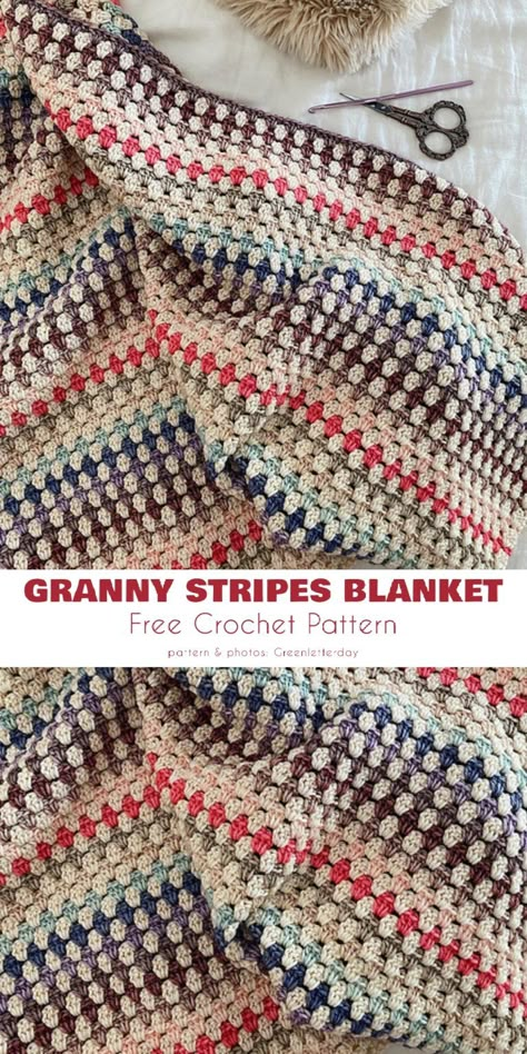 Granny Square And Stripe Blanket, Striped Granny Blanket, Crochet Friendship Blanket, Granny Square Stripe Blanket Pattern, Crochet Blanket Stripes Pattern, Granny Stripe Crochet Blanket, Granny Square Stitch Blanket, Crocheted Scrap Afghans, Tricolor Crochet Blanket