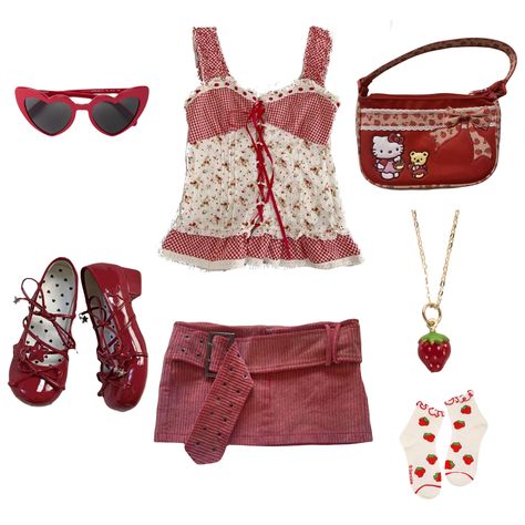 Lana Del Rey Red Outfits, Cottagecore Outfit Layout, Strawberry Coquette Outfit, Coquette Outfit Americana, Red Coquette Clothes, Cherry Style Outfit, Strawberry Cottagecore Outfit, Vintage Americana Coquette Outfit, Strawberry Girl Outfit