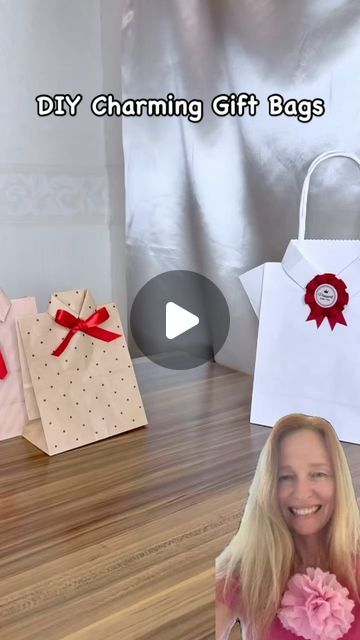 How To Make Bags Out Of Paper, Decorating Brown Paper Bags, Gift Bag Closing Hack, Decorating Gift Bags Ideas, Paper Bag Hearts, Bag Wrapping Ideas, Shirt Gift Box Ideas, Christmas Bags Diy, Christmas Paper Bags Ideas