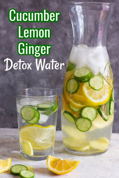 Cucumber lemon ginger water is my favorite detox water! It comes with many benefits and it's so easy to make. Add chia seeds, pineapple, mint or strawberries to this recipe for more flavor! Chia Seed Water Benefits, Lemon Ginger Detox Water, Ginger Detox Water, Lemon Ginger Water, Air Lemon, Chia Seed Water, Hot Lemon Water, Lemon Health Benefits, Mint Water