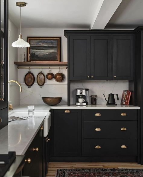 Tudor Home Kitchen, Moody European Interiors, Moody Traditional Decor, Moody Scandinavian Interior, Black Kitchen Cabinets White Countertops, Traditional Scandinavian Interior, Dark Moody Kitchen, Dark Academia Kitchen, Vibey Rooms