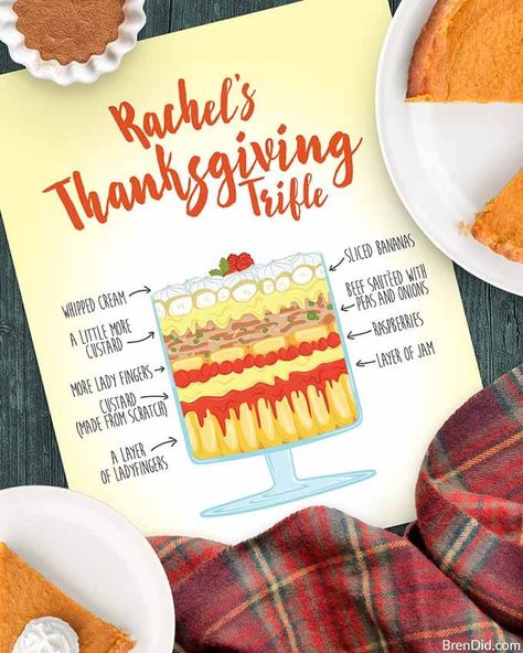 Free Printable Quotes Celebrating Thanksgiving Foods from Your Favorite Friends Episodes – Chandler’s Traditional Feast, 3 kinds of Thanksgiving Potatoes and Rachel’s English Trifle with beef sautéed with peas and onions. #friends #Friendsgiving #freeprintable #brendid. #Thanksgiving #Illbethereforyou #freebie Friendsgiving Dessert Recipes, Thanksgiving Trifle, Friends Thanksgiving Episodes, English Trifle, Thanksgiving Quotes Funny, Thanksgiving Foods, Friendsgiving Food, Free Printable Quotes, Friendsgiving Dinner