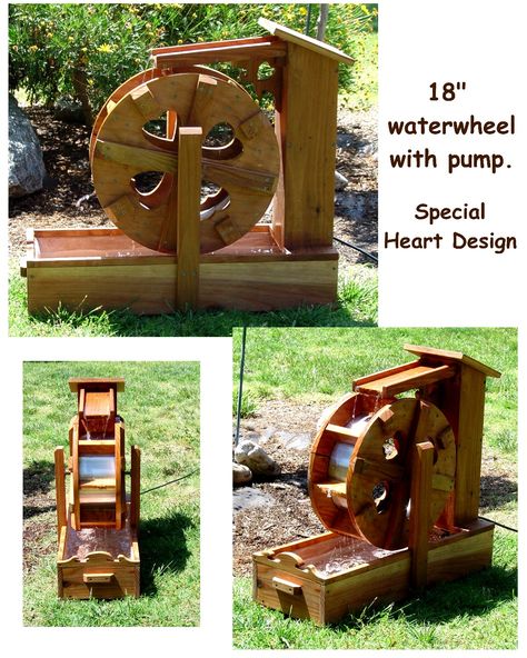 Self contained water wheel fountains by Bob's Bridges Diy Water Wheel, Diy Water Feature, Water Wheels, Wheel Barrow, Diy Water Fountain, Backyard Water Feature, Waterfall Fountain, Water Projects, Wheel Design