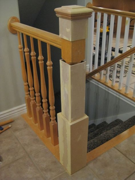 Banister Remodel, Stair Railing Makeover, Stair Newel Post, Diy Stair Railing, Stair Posts, Stair Banister, Stair Makeover, Handrail Design, Diy Staircase