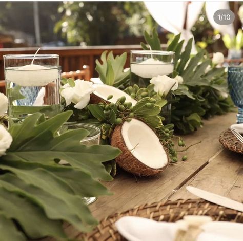 Tropical Beach Wedding Centerpieces, Boho Tropical Wedding Table Decor, Frangipani Table Decorations, Bali Table Setting, Coconut Tablescape, Tropical Dessert Table Wedding, Coconut Stand Wedding, Creative Centerpieces Without Flowers, Tommy Bahama Party Theme Wedding Reception