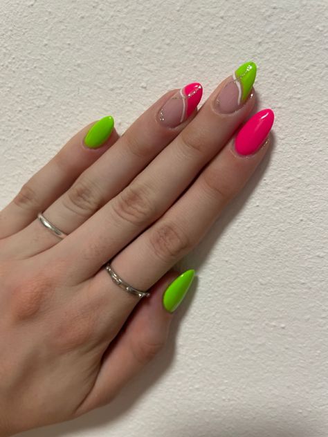 Neon green and pink nails. Ready for summer. Pink And Lime Green Nails, Neon Pink And Green Nails, Green And Pink Nails, Lime Green Nails, Hard Nails, Green And Pink, Green Nails, Almond Nails, Neon Green