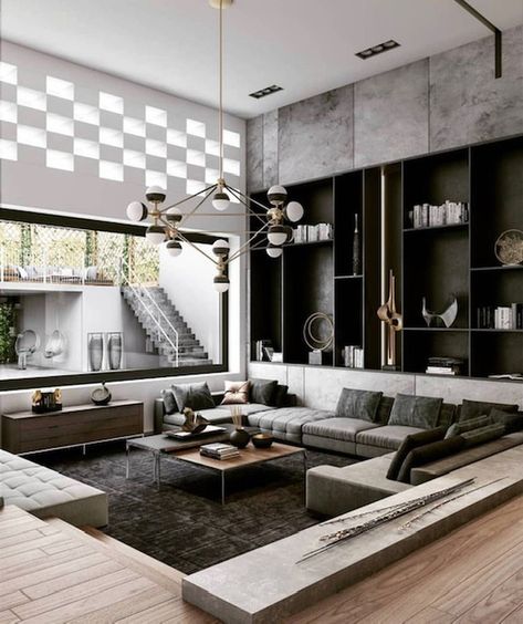 A great application for the living room on 2 levels. Love the view to the outdoor! ◾️MB #marieburgosinspiration #interior4you1  Design Via @archirendertr . . . . #homedecoration #homedesign #housetour #smallspacesquad #scandistyle #homedisigideas #homedisigns #home #homes #interiorarchitecture #art #instahome #homestyle #interior2you #passion4interior #decorationstyle #modern #homesweethome #livingroomideas #lovedecor #interior4you #myhomeinterior #interior4you1 #myhome Interior Design Career, Sunken Living Room, Budget Home Decorating, Library Ideas, Home Design Decor, A Living Room, Home Room Design, Cheap Home Decor, Luxury Living Room