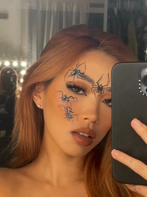 Spider makeup, Halloween makeup inspo, Halloween makeup, makeup inspiration, spooky makeup, Halloween looks, costume makeup, black widow makeup, black widow costume 3d Spider Makeup, Spider Face Makeup, Spider Makeup Halloween, Halloween Spider Makeup, Halloween Makeup Inspo, Scratch Tattoo, Halloween Ideias, Spider Makeup, Spooky Makeup