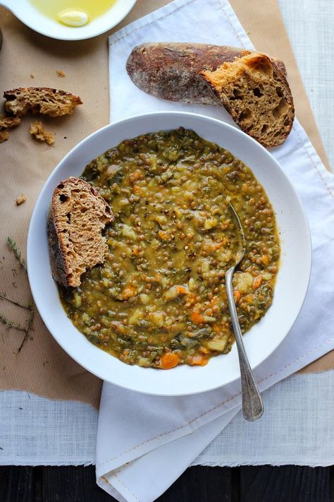 French lentil soup loaded with winter market vegetables. Leeks, fennel, carrots, potatoes and French De Puy lentils. Vegan. Tasty Healthy Recipes, French Lentil Soup, Stew Vegan, Lucky Food, Kitchen French, French Lentils, Lentil Stew, Vegan Soups, Lentil Recipes