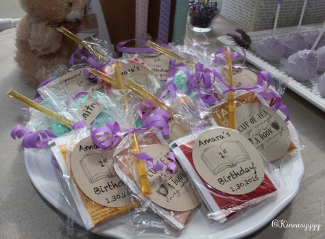 storybook theme first 1st birthday party. lavender ribbon, tea bags with honey sticks favors Tea Packing, Gift Bag Ideas, Lavender Ribbon, Honey Gift, Storybook Theme, Honey Favors, Afternoon Tea Recipes, Marketing Gift, Tea Party Favors