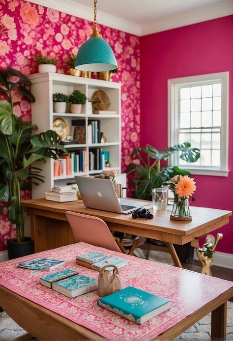 Bohemian Home Office Ideas, Work Room Ideas, Girly Office Ideas, Plant Lounge, Pink Office Aesthetic, Female Executive Office, Female Home Office, Eclectic Office Decor, Feminine Home Office Classy