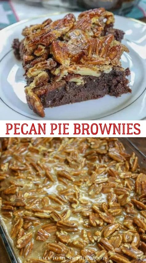 Pecan pie brownies are a delicious and decadent dessert. The easy homemade recipe features fudgy chocolate brownies topped with candied pecan pie. Desert Squares, Pecan Brownies Recipe, Amazing Deserts, Desert Bars, Fudgy Chocolate Brownies, Candied Pecan, Pecan Pie Brownies, Homemade Brownies Easy, Pecan Brownies