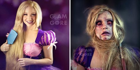 Glam & Gore: Self-Taught Artist Shows The Fate Of Disney Princesses And Pop Icons - Rapunzel before and after getting tangled in her hair Makeup Horor, Rapunzel Makeup, Disney Princess Halloween, Disney Princess Makeup, Special Effects Makeup Artist, Gore Makeup, Horror Halloween Costumes, Rapunzel Costume, Disney Princess Costumes