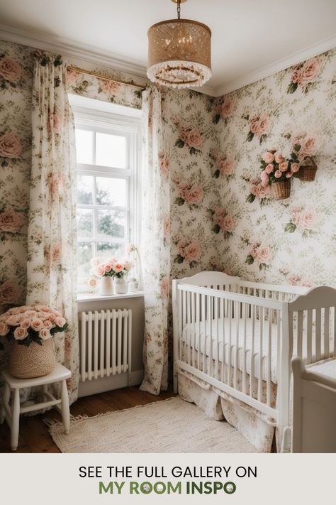 Explore 43 cozy cottage nursery ideas that combine charming designs with a rustic feel. This pin highlights various nursery decorations to create the perfect space for your child, featuring soft colors and unique decor elements. Cottage Nursery Ideas, Nursery Room Inspiration Girl, White Toy Chest, Floral Wallpaper Vintage, Cottagecore Girl, Whimsical Decorations, White Lace Curtains, Wicker Bassinet, Cottage Nursery