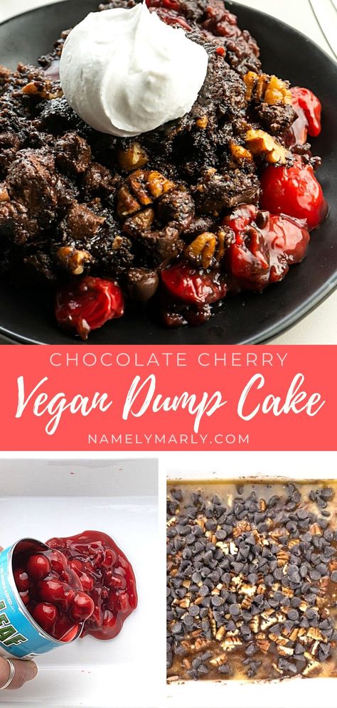 This absolutely amazing Chocolate Cherry Dump Cake recipe is the best! Why? Because not only is it delicious, it's also dairy-free and vegan. All you need are 5 ingredients, including a boxed cake mix and cherry pie filling! Super easy. Super fun. Super delicious!   #chocolatecherry #dumpcake #vegancake #easyvegancake Vegan Dump Cake, Chocolate Cherry Dump Cake, Accidentally Vegan Foods, Popular Drink Recipes, Cherry Dump Cake Recipe, Cherry Recipes Dessert, Recipes Using Cake Mix, Cherry Dump Cake, Dump Cake Recipe