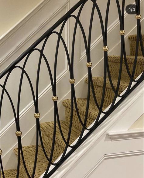 Metal Stairwell Railing, Art Deco Railing Design, Black And Gold Stair Railing, Forged Railing, Brass Railings, Iron Staircase Railing, Black Stair Railing, Diy Stair Railing, Balcony Glass Design