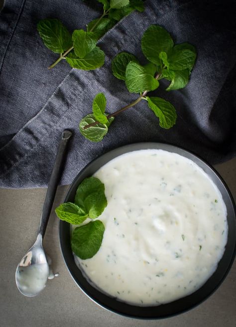 This Mint Yoghurt is an easy to make dip or accompaniment that pairs well with Indian cuisine (because it's really cooling) or to jazz-up simple lamb meals. Yoghurt Sauce, Yoghurt Dip, Mint Yogurt, Yogurt Dressing, Mint Sauce, Healthy Dips, Yummy Dips, Tikka Masala, Dressing Recipe