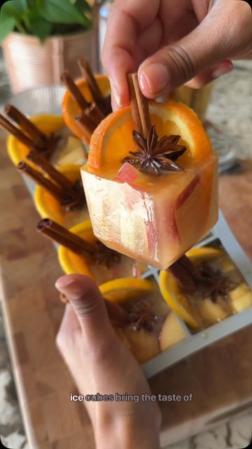 Samiya Jakubowicz on Instagram: "• Fall Ice Cubes • 🥃 Kinda Like An Apple Cider Old Fashion 🍎🍊  These are so aesthetically pleasing  Just using orange slices, chopped apple, cinnamon sticks, star anise. The base is apple cider.  And poured some chilled Basil Hayden over it  I’m not a bourbon or whiskey expert, but this was pretty delish.   #icecubeedits #icecubetray #oldfashionedcocktail #applecidercocktail #cocktailrecipes #thanksgivingdrinks" Fall Ice Cubes, Holiday Mimosa, Basil Hayden, Fancy Ice Cubes, Cinnamon Drink, Whiskey Ice Cubes, Fancy Ice, Apple Cider Cocktail, Adult Party Ideas