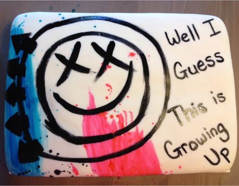 Blink 182 Birthday Cake Blink 182 First Birthday, Blink 182 Bachelorette Party, Rock And Roll Sweet 16, 2000s Emo Party, Emo Party Food, Pop Punk Party, Blink 182 Birthday Party, Warped Tour Birthday Party Kids, Emo Birthday Party Theme