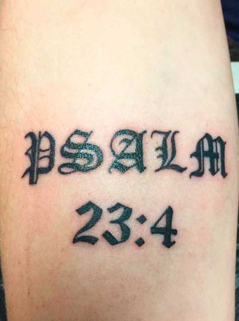 37 Bible quote Tattoos for men ideas Religious symbols Psalm 23 4 Tattoo Arm, Psalm 23 4 Tattoo, Verses Tattoos, Bible Verse Tattoos For Men, Psalm 23 Tattoo, Psalm Tattoo, Back Tattoos For Guys Upper, Bible Quote Tattoos, Scripture Tattoos