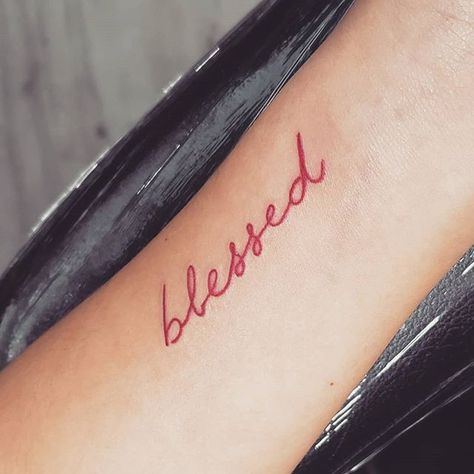 Tattoo Red Ink, Blessed Tattoo, Blessed Tattoos, Tattoo Fonts Cursive, Tattoo Red, Lotus Tattoo Design, Cursive Tattoos, Simply Blessed, Inspiration Tattoos