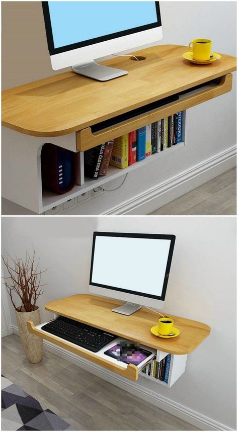 Diy Bookshelf Wall, Floating Desks, Study Table Designs, Small Bedrooms, Floating Desk, Desk In Living Room, Wall Bookshelves, Minimal Space, Bookshelves Diy