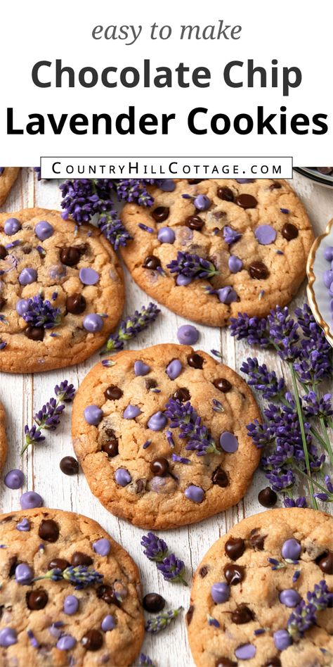 lavender chocolate chip cookies on a white wooden board. Toffee Bites, Lavender Cookies, Lavender Recipes, Cookie Spread, Candy Cookies, Ice Cream Cookies, Holiday Cookie Recipes, Milk Chocolate Chips, Homemade Cookies