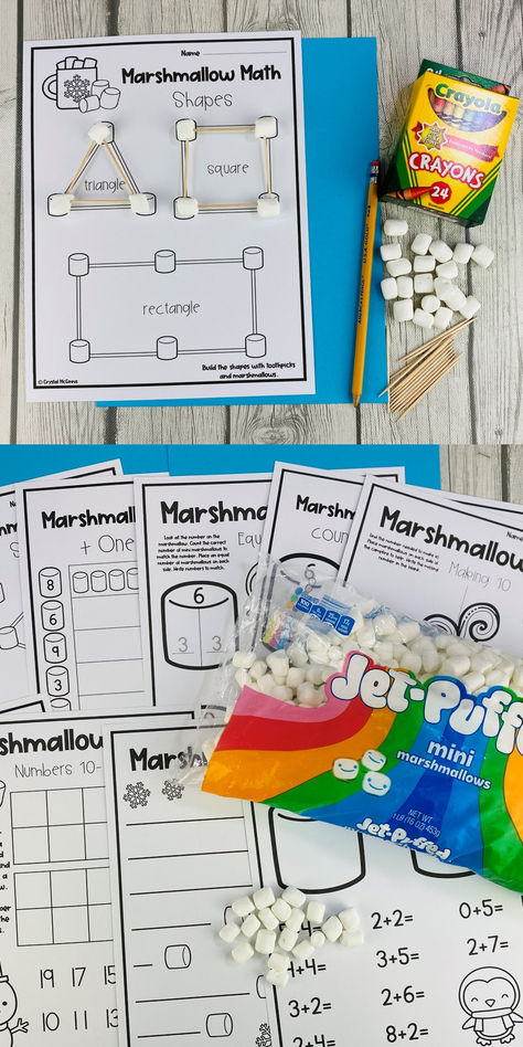 Do your students love to use candy or food during their math activities? If so, you might like this set of mini marshmallow math activities. This set of 10 activities are perfect for hands-on learning, and will provide your students a sweet treat when they are done. Also, mini marshmallows are very inexpensive which is great for a teacher's budget. Marshmallow Snowflake Stem Activity, Candy Land Math Night, Marshmallow Arts And Crafts For Kids, Marshmallow Preschool Activities, Hot Chocolate Math Activities, Myplate Activities, Marshmallow Activities For Kids, Math Night Activities Elementary, Marshmallow Stem