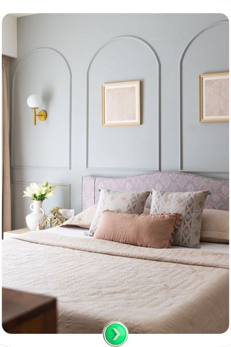 Lavender bedroom with elegant decor. This calming shade adds sophistication, creating a restful environment ideal for unwinding. Stunning pastel wall color inspirations for 2025. Pastel Colour Bedroom, Lavender Bedroom Walls, Pastel Wall Color, Lavender Bedroom, Pastel Bedroom, Bedroom Color Combination, Pastel Walls, Lavender Color, Colour Palettes